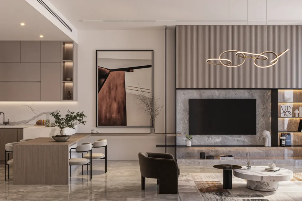 Modern luxury home interior with open-concept living room, designer kitchen, and minimalist decor, representing organized and high-functioning households in 2026.
